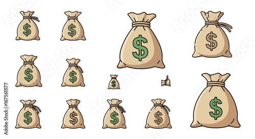 Collection of cartoon money bag icons with dollar signs. Vector illustration of cash sacks for finance, banking, and wealth concepts