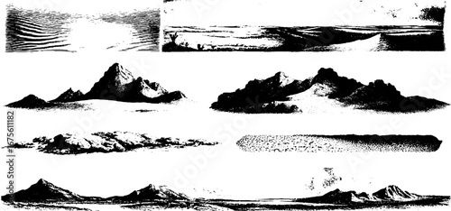 Collection of engraved sand dune landscapes for retro design elements