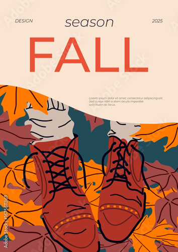 Wallpaper Mural Bright autumn vertical poster. Boots among colorful fallen leaves. Warm orange palette. Design for seasonal storefront design, promotions, card, interior decorations. Vector Torontodigital.ca