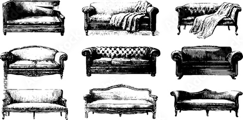 Vintage sofa collection design elements for engraving and retro decor