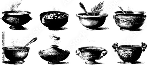 Vintage engraving of soup bowls collection for retro design elements