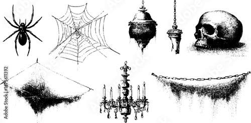 Vintage spider web and gothic elements collection for design and decoration