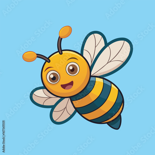 Cheerful Cartoon Bee Buzzing Around with Happiness on a Sunny Day with Light Blue Background