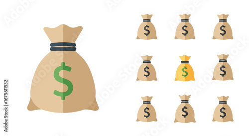 Bags of money vector icon set of brown and yellow color with dollar sign for financial concept