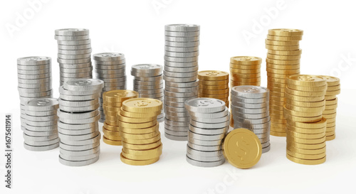 Numerous stacks of gleaming silver and gold coins meticulously arranged on a pristine white background, symbolizing financial success, savings, and investment potential
