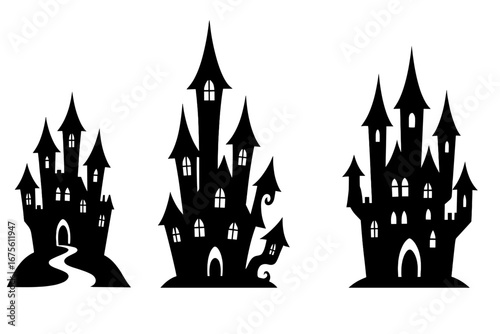 Set of spooky castle silhouettes. Halloween haunted house collection. Scary gothic palace for horror party design. Black fantasy building vector illustration isolated on white.