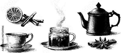 Vintage tea time elements collection engraving design for culinary and decor