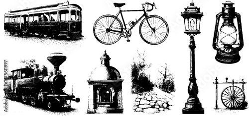Vintage transportation and architecture elements for retro design projects