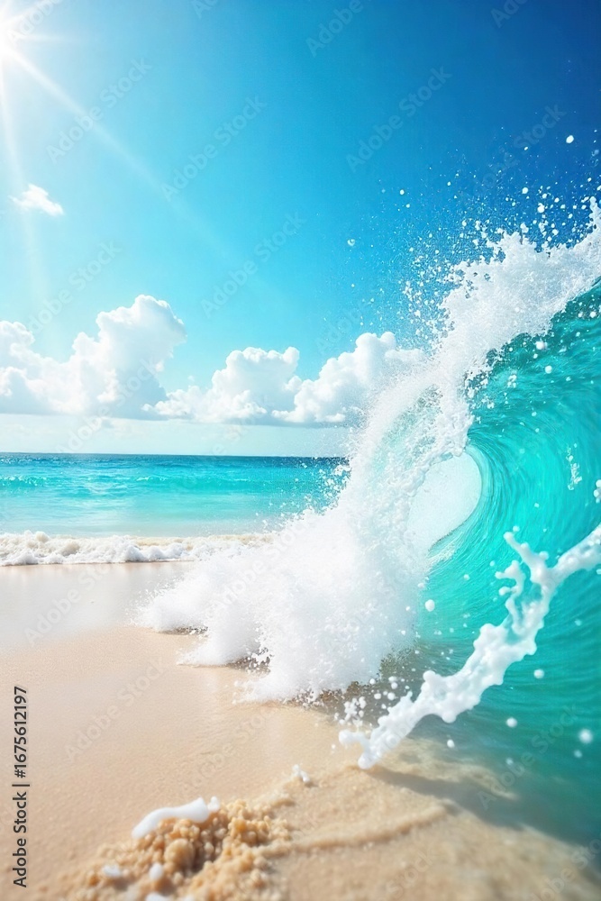 Fototapeta premium A vibrant summer scene of a refreshing ocean splash, sun-drenched beach, and turquoise waves creating a joyful, carefree atmosphere Perfect for travel, vacation, and summer themes , blue, holiday