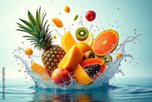 Vibrant fresh fruit splash exciting healthy tropical fruits dropping into water