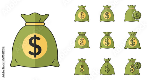 Essential vector collection of money bag icons, representing financial growth, savings, and investment concepts for economic prosperity visuals