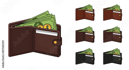 Colorful vector illustration of an open brown wallet brimming with green dollar bills, symbolizing financial success, wealth, and savings. Perfect for finance and business concepts