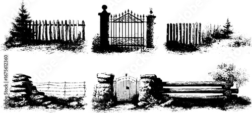 Vintage village fence collection for design and decoration
