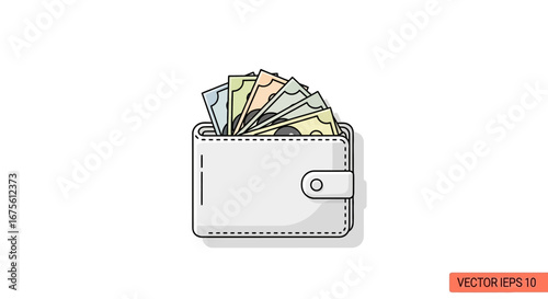 Wallet with Cash Money - Financial Wealth and Personal Savings Flat Vector Icon