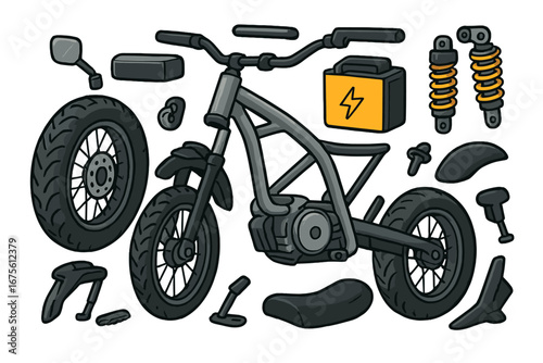 Electric motorcycle parts set. E-bike components collection for assembly or repair. Vector illustration of a disassembled e-motorcycle with battery, wheel, and motor.