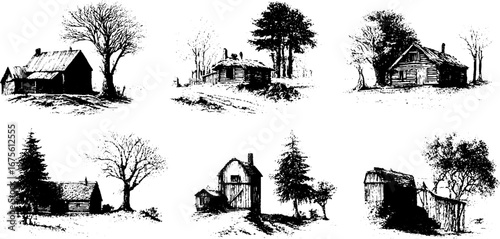 Vintage village engraving collection - rustic houses and trees for design or print