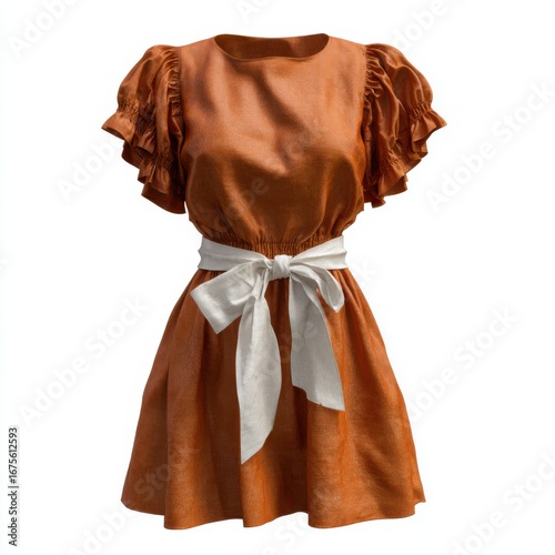 Elegant rust colored short dress with puffy sleeves and a white sash tied in a bow isolated on white background