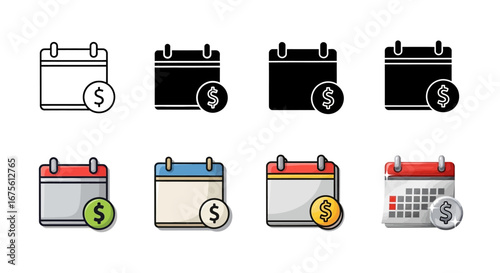 Financial calendar and payment reminder icon set in outline, glyph, and color styles for business and finance applications