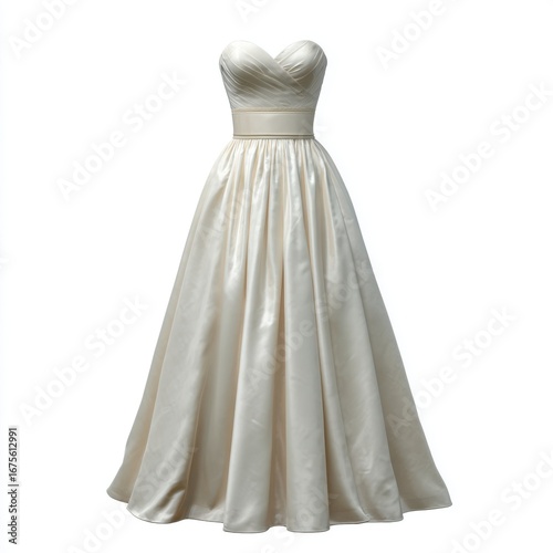 Elegant strapless ivory satin ball gown wedding dress with full skirt isolated on white background