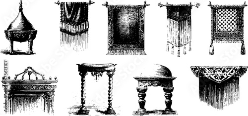 Vintage engraving collection of woven carvings and decorative elements for design