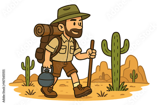 Cartoon explorer man hiking in desert. Vector character with backpack and walking stick on an adventure trek. Survival journey concept with traveler exploring nature landscape.