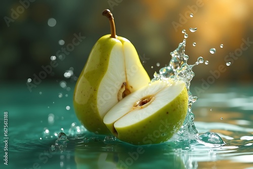 Fresh ripe pear halved and splashing in water with droplets creating a refreshing natural display