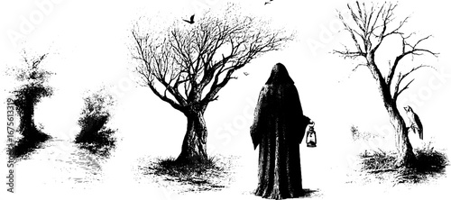 Eerie autumn night scene with mysterious figure and foggy trees for halloween design