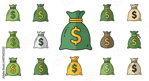 Collection of money bags with dollar symbols representing wealth and financial success, isolated on white background