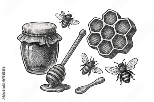 Vintage honey set hand-drawn illustration. Graphite sketch of bees, honeycomb, jar, dipper, spoon. Black and white engraving style vector. Natural organic food, beekeeping concept.
