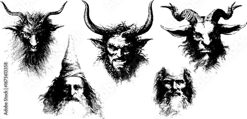 Eerie european demons: vintage engraving collection for retro design