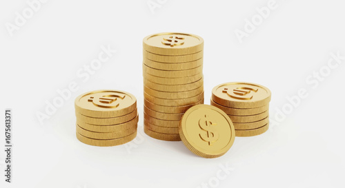 Pristine golden coins, prominently featuring dollar and euro signs, neatly stacked to embody themes of wealth accumulation and global monetary systems