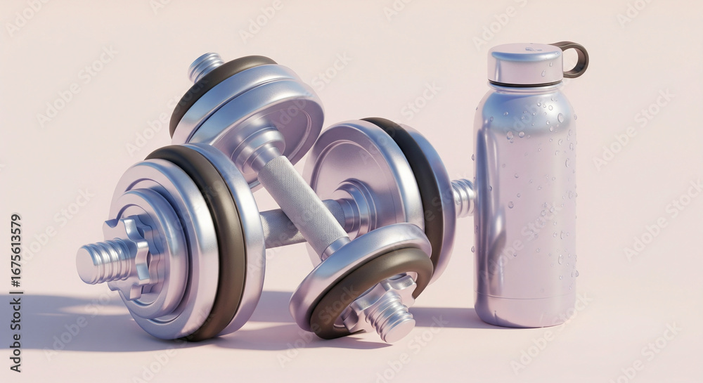 Obraz premium A detailed 3D rendering of adjustable chrome dumbbells next to a reusable water bottle, symbolizing a commitment to fitness and a healthy lifestyle