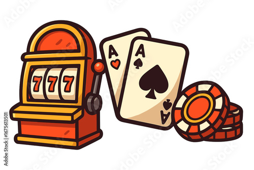 Gambling concept with slot machine, 777 jackpot, and poker cards. Casino elements with aces and chips. Las Vegas lucky game. Vector cartoon illustration for betting and winning.