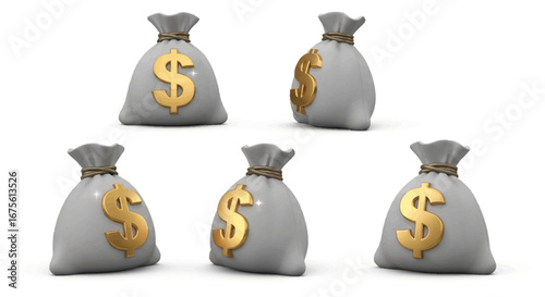 Five money bags with gold dollar signs isolated on a white background, symbolizing wealth and financial success