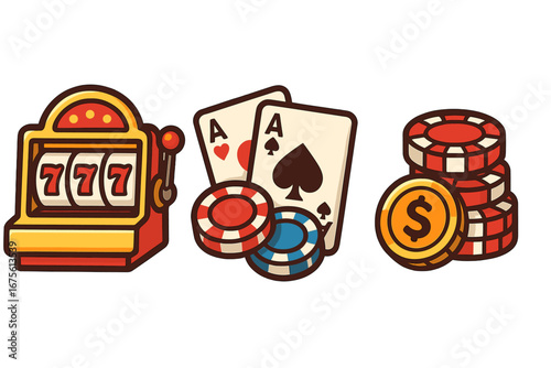 Casino gambling icon set with slot machine jackpot, poker cards and chips. Cartoon vector illustration for gaming, betting and winning. Lucky 777, pair of aces and money.