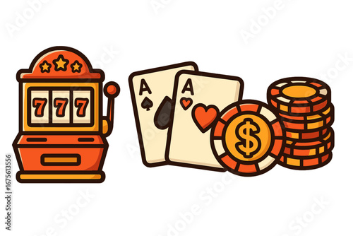 Gambling icons with slot machine 777 jackpot, poker aces, and casino betting chips. Gaming and fortune concept. Vector cartoon illustration for Las Vegas theme design.