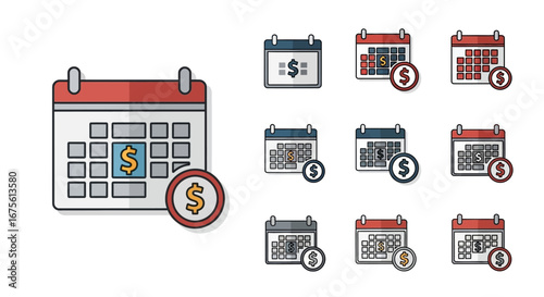 Financial Planning Calendar Icons Set Illustrative Designs for Budgeting and Scheduling