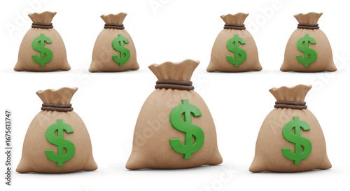Seven Bags of Money with Green Dollar Sign Symbols Isolated on White Background