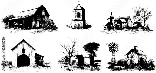 Vintage engraving of farm buildings collection featuring wooden barns and windmill for rustic design