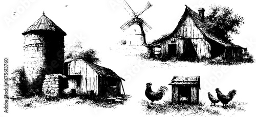Vintage farm buildings collection with windmill and barns engraving for design and decor