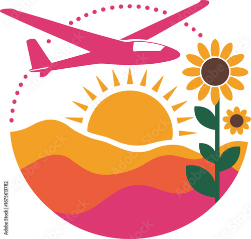 Sunrise Glider Soaring Above Sunflowers, Peaceful Scene
