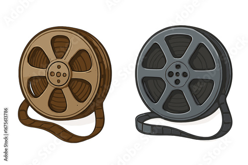 Vintage and modern film reel designs. Old vs new cinema technology comparison. Movie tape spool icon set. Retro and contemporary cinematography concept. Vector cartoon illustration.