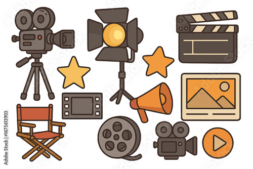 Film production icon set. Movie making and cinema elements collection. Vector cartoon illustration of camera, clapperboard, director chair, spotlight, film reel and megaphone.