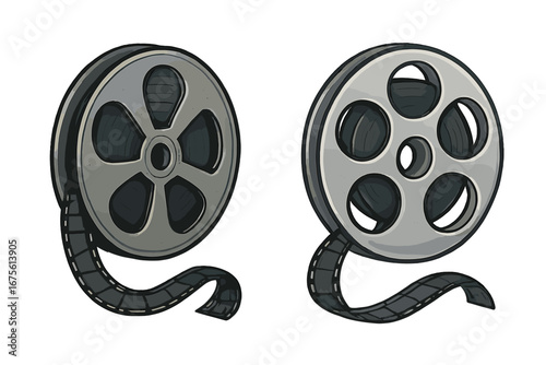 Set of film reels vintage and modern style. Retro movie reel icon. Cinema symbol for cinematography and filmmaking. Old movie tape and filmstrip vector illustration for design.