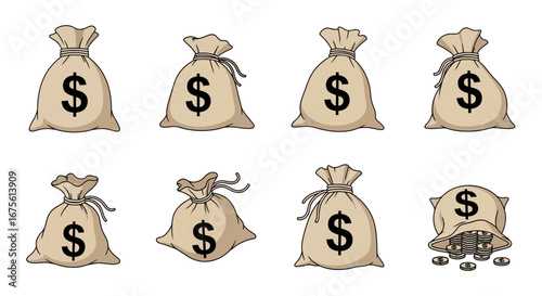 A diverse collection of cartoon money bags, thoughtfully illustrating the concepts of wealth accumulation, secure savings, and potential for financial prosperity and economic growth