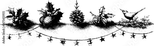Festive pine and holly garlands with bells and bird for holiday decoration design