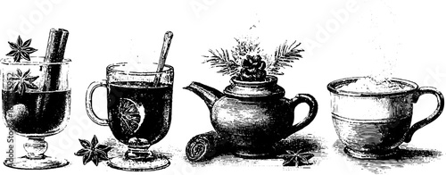 Festive engraving of mulled hot drinks collection for holiday design