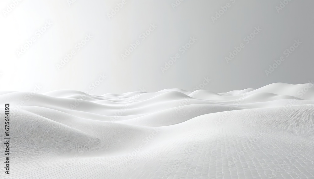 Fototapeta premium Minimalistic wireframe illustration features abstract waves, grid patterns. Smooth, airy white tones create depth, dimension. Geometric shapes form clean, modern landscape with subtle topology,