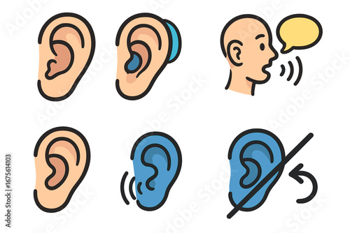 Hearing icon set. Ear listen symbol. Communication and audiology concept. Hearing aid, deaf, and sound wave icons. Health care. Vector illustration for disability concept.