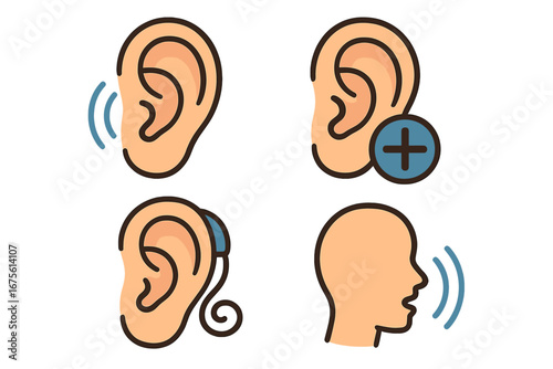 Vector icon set about hearing and communication. Ear with sound wave, hearing aid device, volume plus symbol and speaking person. Concept for audiology, deafness, otolaryngology.